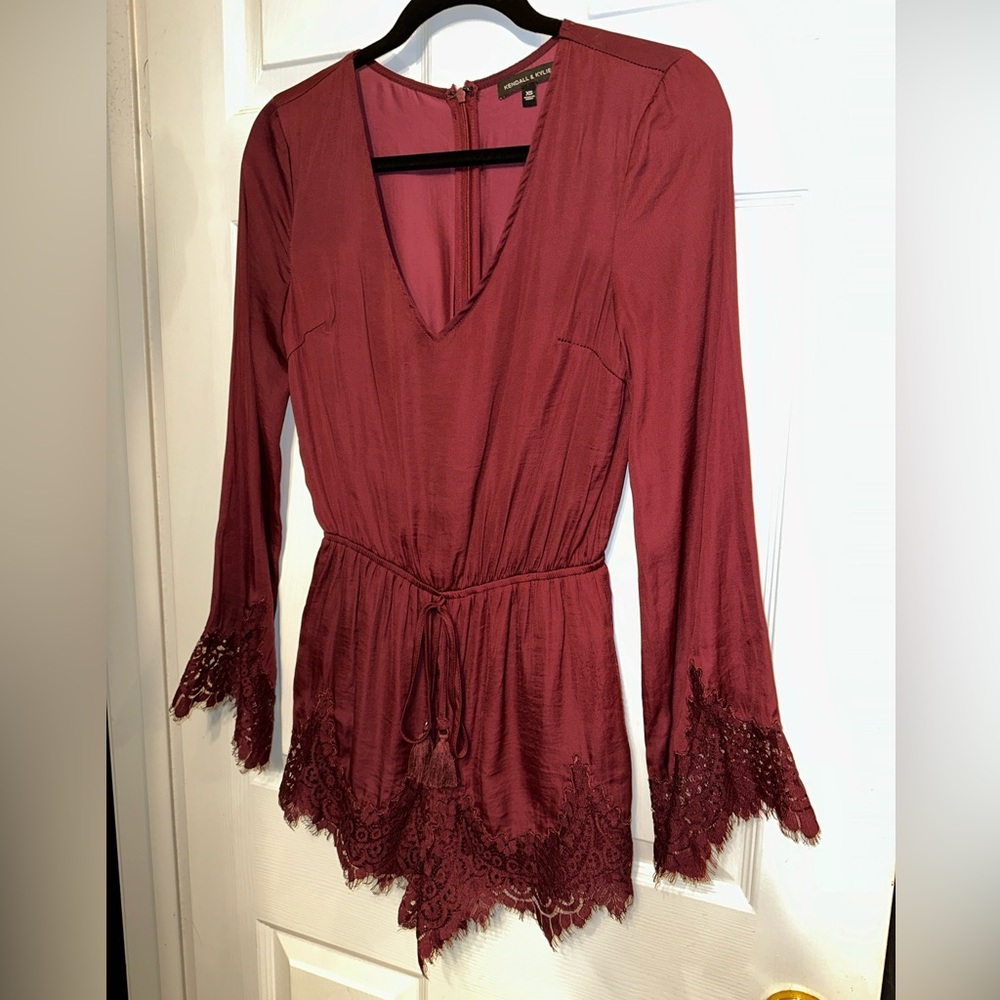 Kendall & Kylie XS Maroon Long Sleeve Romper | Lace Accents & Tie Waist Lined